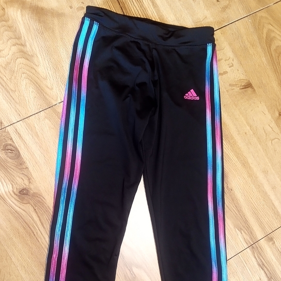 adidas Other - EUC Adidas Athletic black 🖤 pants 3 side stripes blue and pink size Junior 14